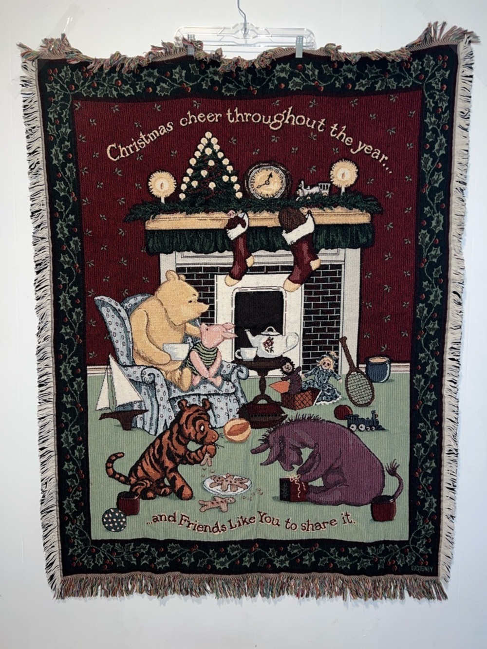Winnie the Pooh Christmas Throw Blanket - Red & Green Holiday Tapestry